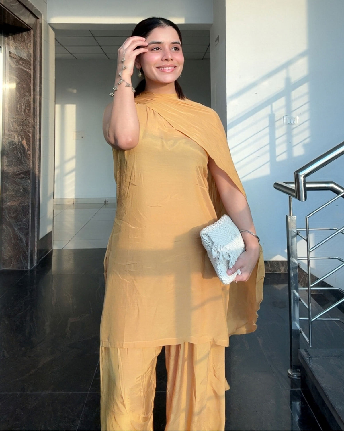 One-Shoulder Cape Kurta Farshi Set