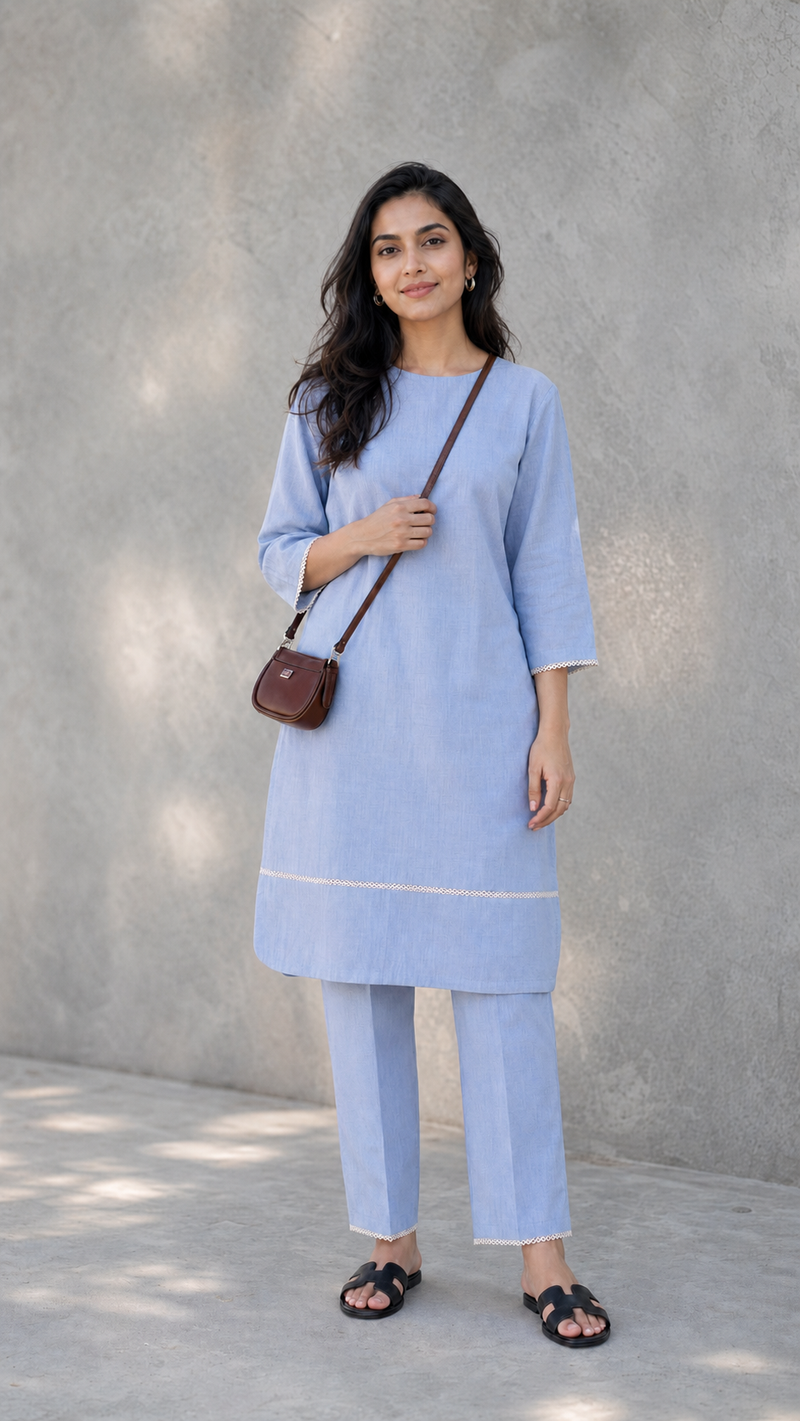 Chambray Kurta & Pants with Lace Detail