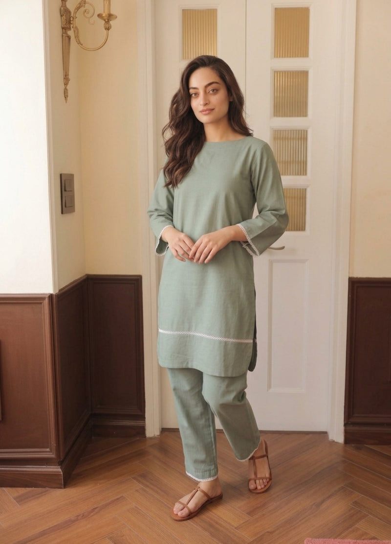 Sage Kurta & Pants with Lace Detail