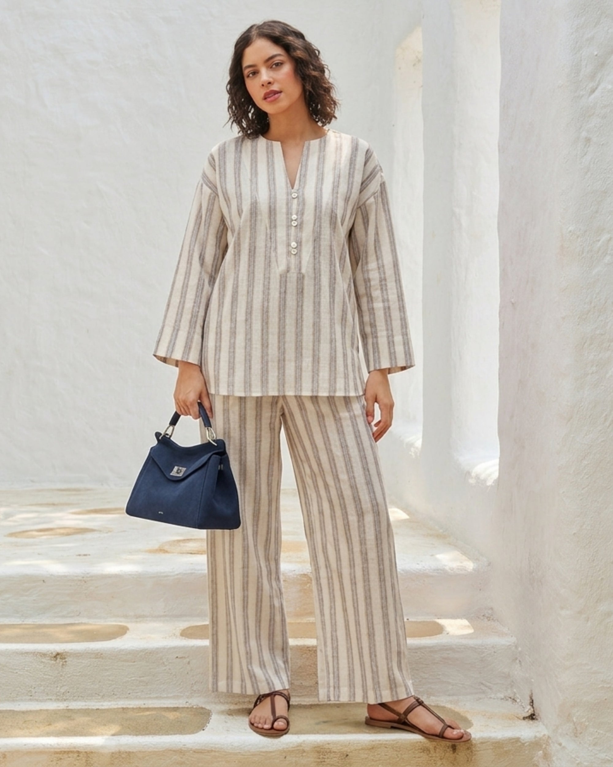 Oatmeal Stripe Kurta Set