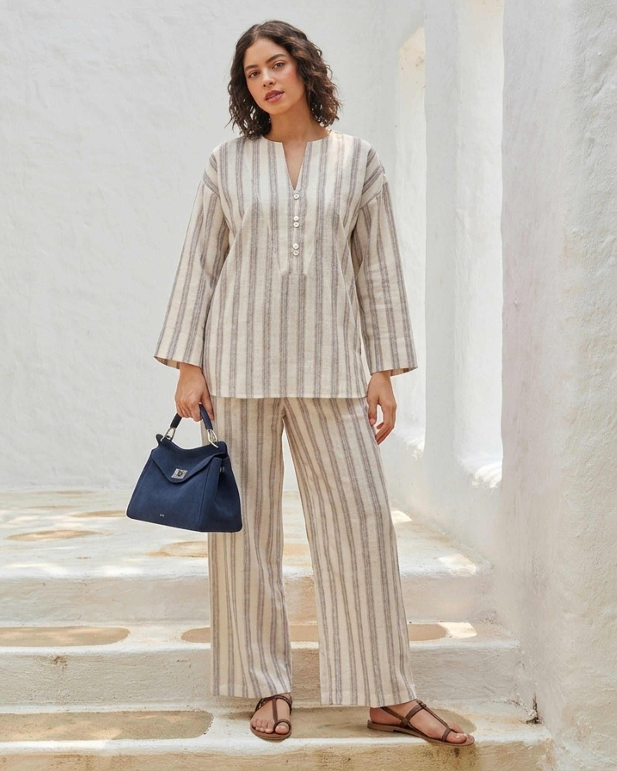 Oatmeal Stripe Kurta Set