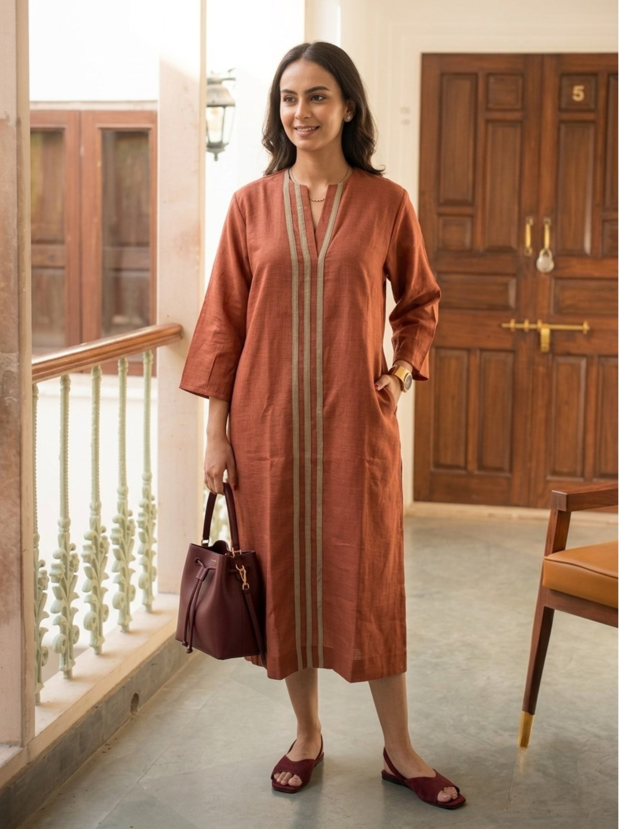 Stripe Placket Shift Dress