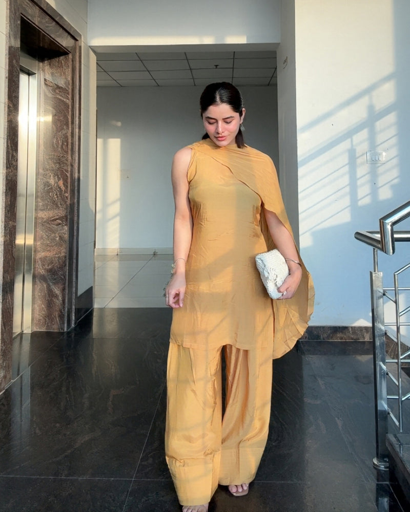 One-Shoulder Cape Kurta Farshi Set