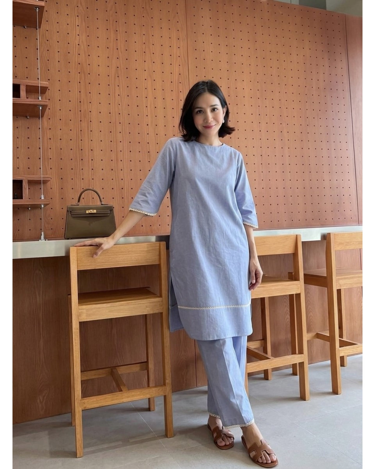 Chambray Kurta & Pants with Lace Detail